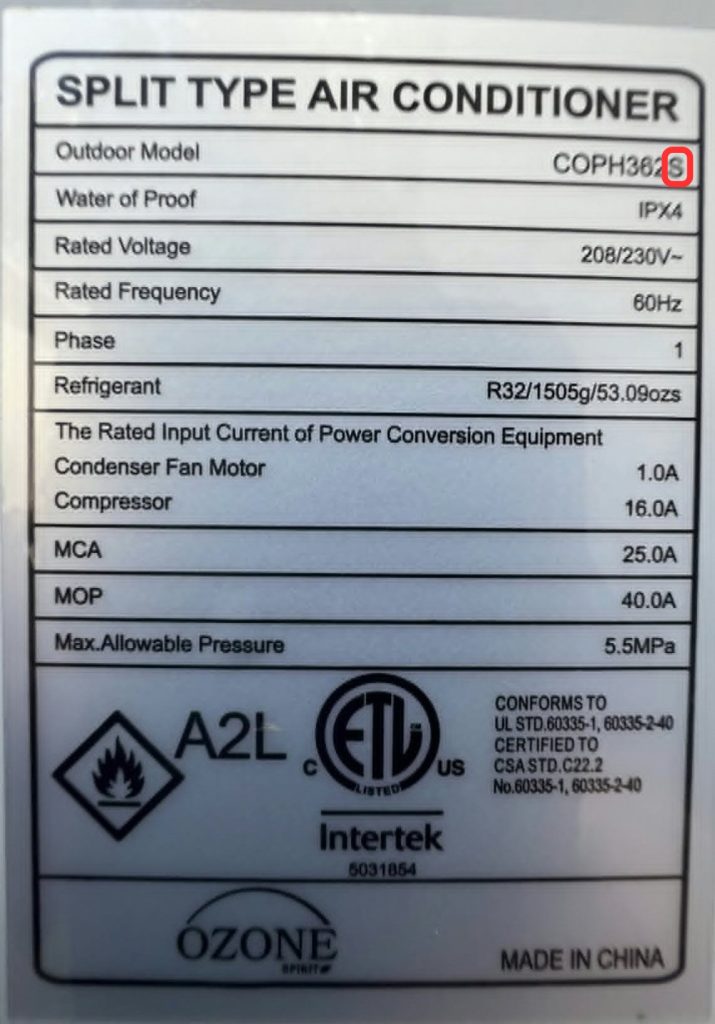 Ozone Spirit data placard with the model number COPH362S — final letter S highlighted